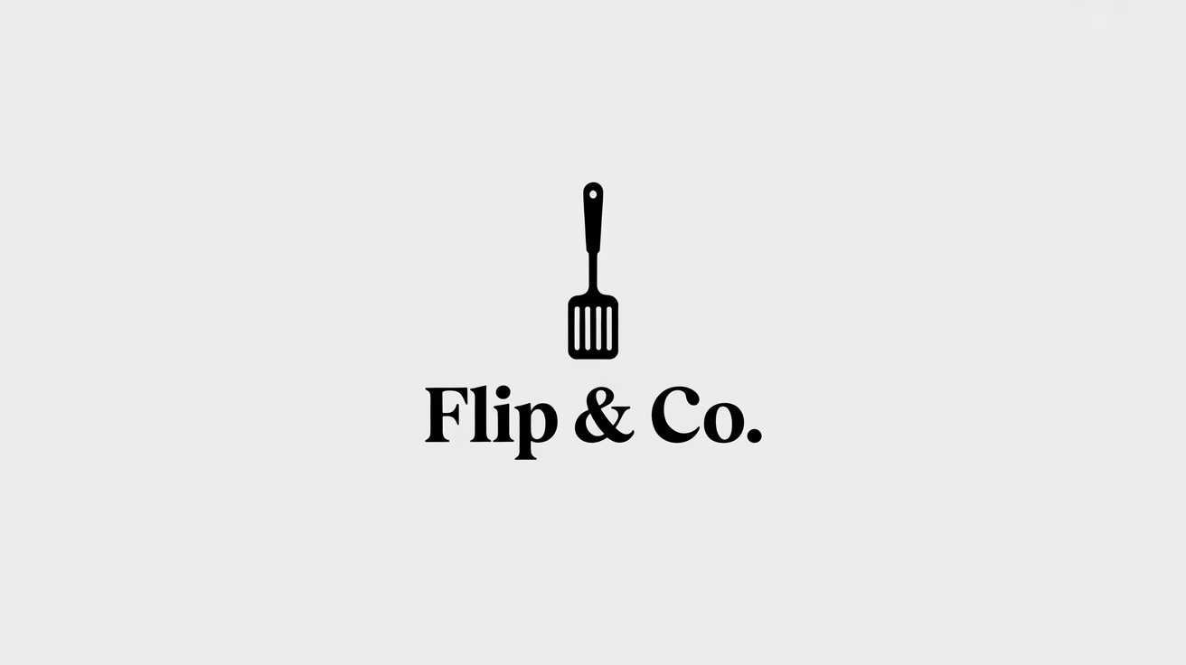 A modern and minimalist logo for a culinary company named 'FLIP & Co.', featuring a matte black spatula icon above the brand name on a clean white background.