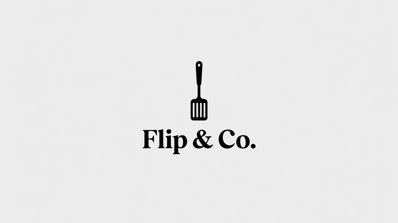 A modern and minimalist logo for a culinary company named 'FLIP & Co.', featuring a matte black spatula icon above the brand name on a clean white background.