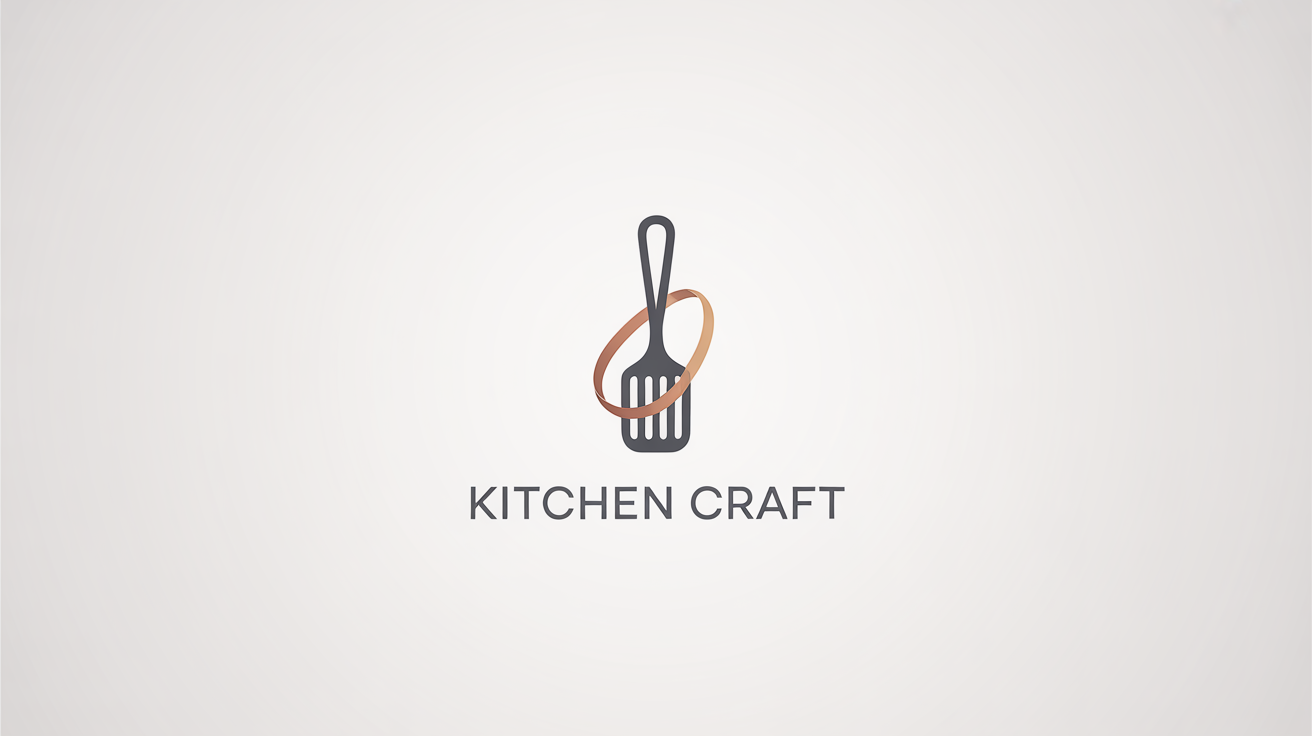 A professional mockup of a spatula logo for a brand named 'Kitchen Craft', displayed in charcoal gray and copper on a clean white background.