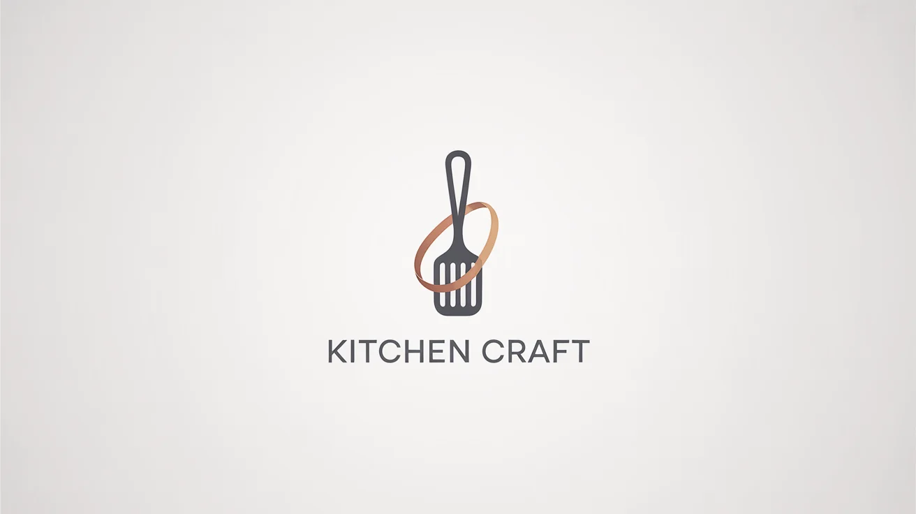 A professional mockup of a spatula logo for a brand named 'Kitchen Craft', displayed in charcoal gray and copper on a clean white background.