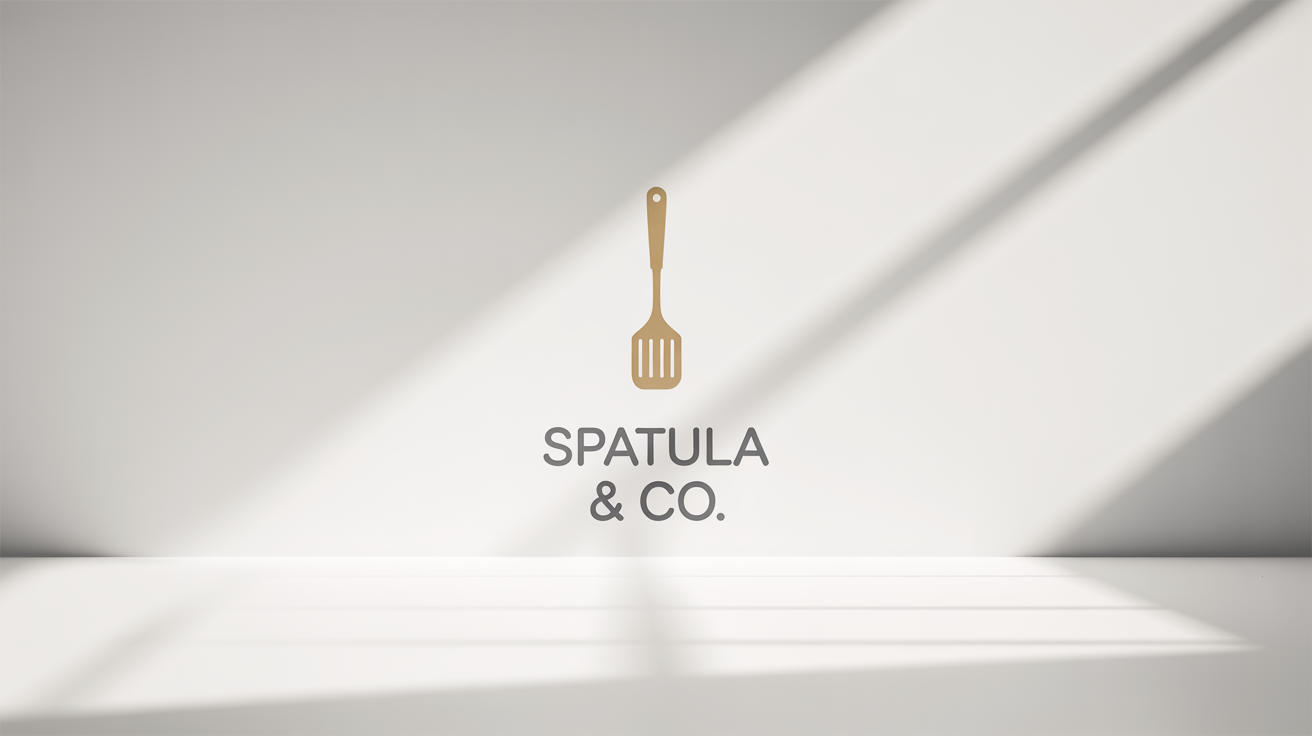 A professional mockup of a spatula logo design. The logo has a golden spatula icon above the brand name 'Spatula & Co.' on a clean white background.