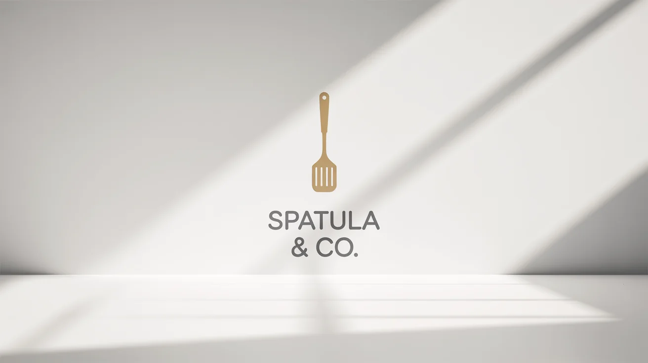 A professional mockup of a spatula logo design. The logo has a golden spatula icon above the brand name 'Spatula & Co.' on a clean white background.