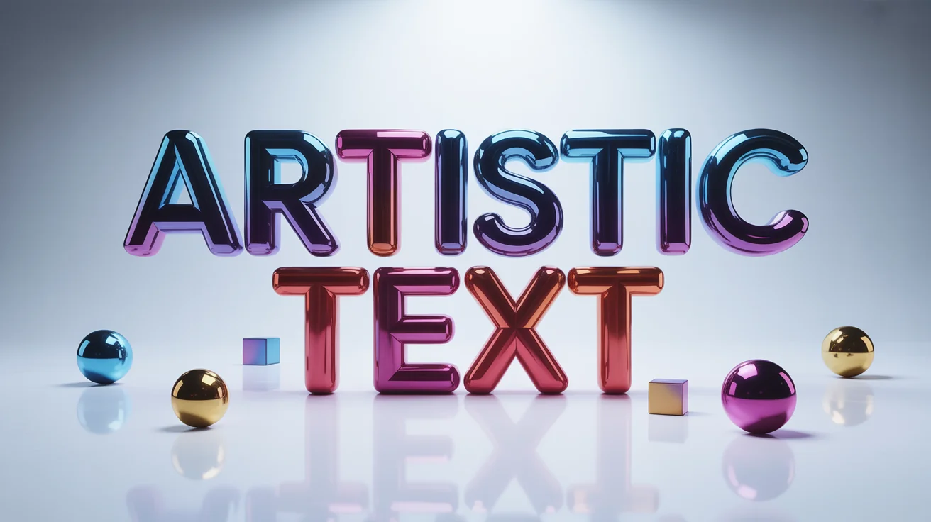 A modern 3D typographic graphic showing the words 'ARTISTIC TEXT' in a glossy blue and magenta gradient, with small gold geometric shapes scattered around on a clean white background.
