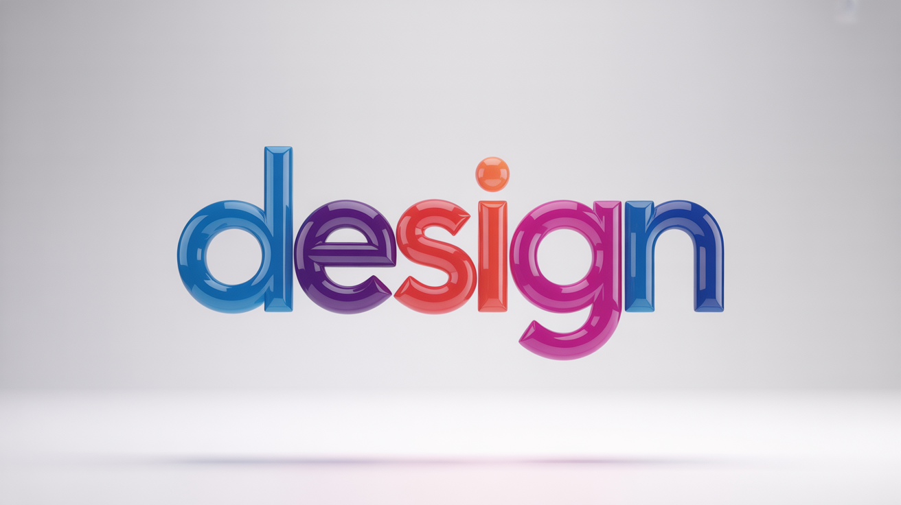 A 3D typographic rendering of the word 'DESIGN' in bold, glossy, colorful letters, floating against a clean white background to showcase text graphic capabilities.