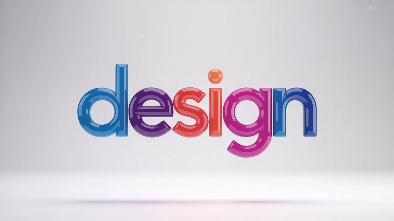 A 3D typographic rendering of the word 'DESIGN' in bold, glossy, colorful letters, floating against a clean white background to showcase text graphic capabilities.