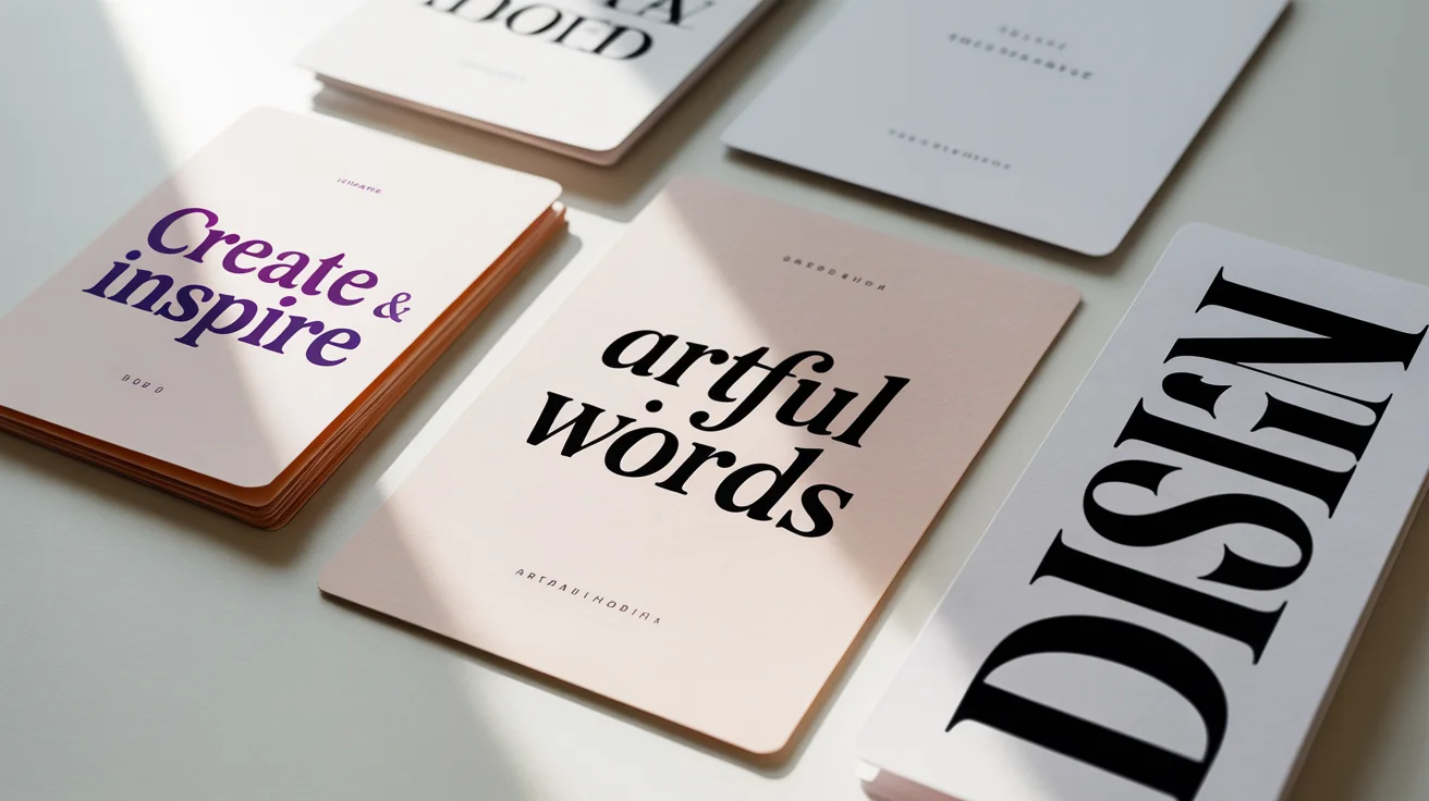 A top-down view of several modern text graphics arranged on a white surface. The graphics feature different fonts and styles with text like 'CREATE & INSPIRE' and 'DESIGN'.