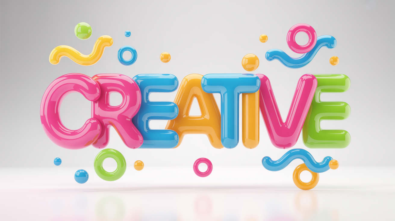 A colorful 3D rendering of the word 'CREATIVE' in glossy, playful letters, set against a clean white background with abstract shapes floating around it.