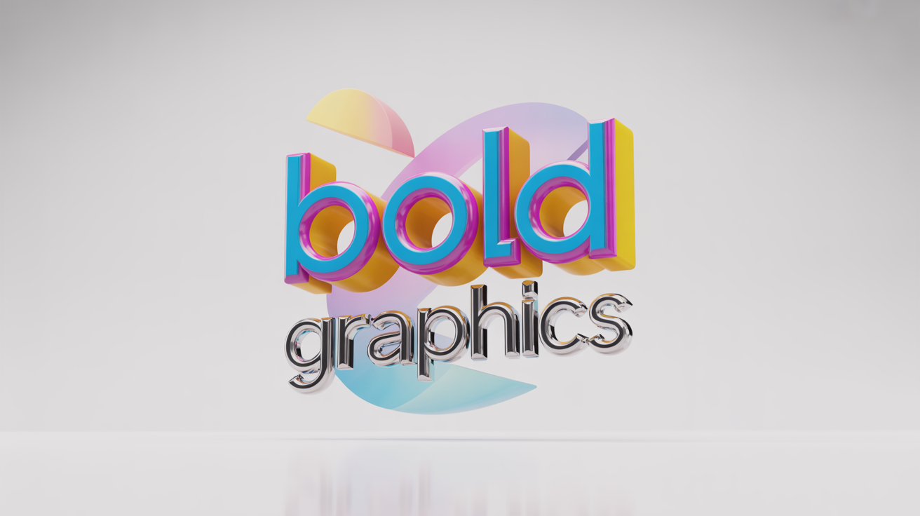 A colorful 3D text graphic mockup on a white background. The word 'BOLD' is in a chunky font with a bright color gradient, and 'GRAPHICS' is in a metallic chrome font below it.