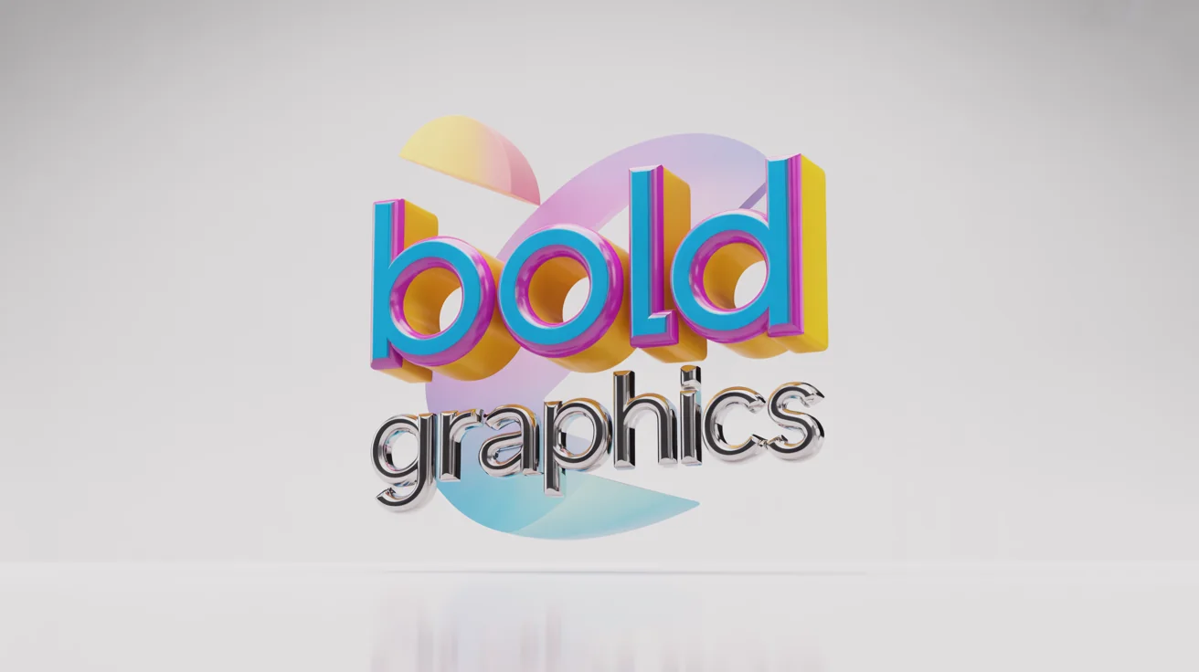 A colorful 3D text graphic mockup on a white background. The word 'BOLD' is in a chunky font with a bright color gradient, and 'GRAPHICS' is in a metallic chrome font below it.