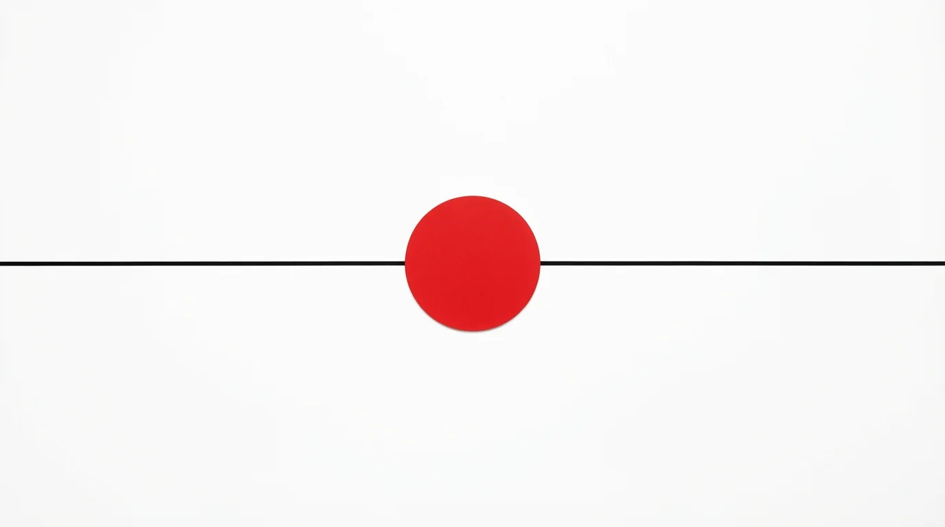 An abstract graphic illustration symbolizing horizontal centering. A thin black horizontal line is perfectly balanced by a vibrant red circle placed exactly at its center, against a clean white background.