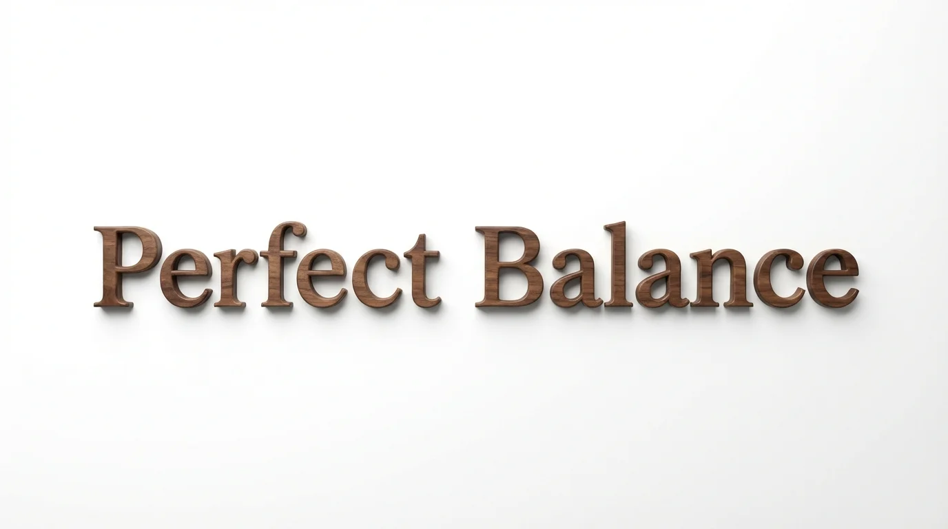 A minimalist image showing the words 'Perfect Balance' crafted from dark wood and perfectly centered horizontally on a clean white background.