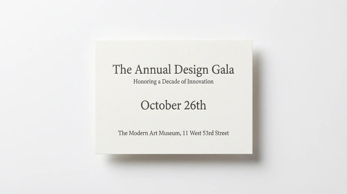 A professional and elegant invitation card mockup on a white background, demonstrating the concept of horizontally centered text for a clean and balanced design.