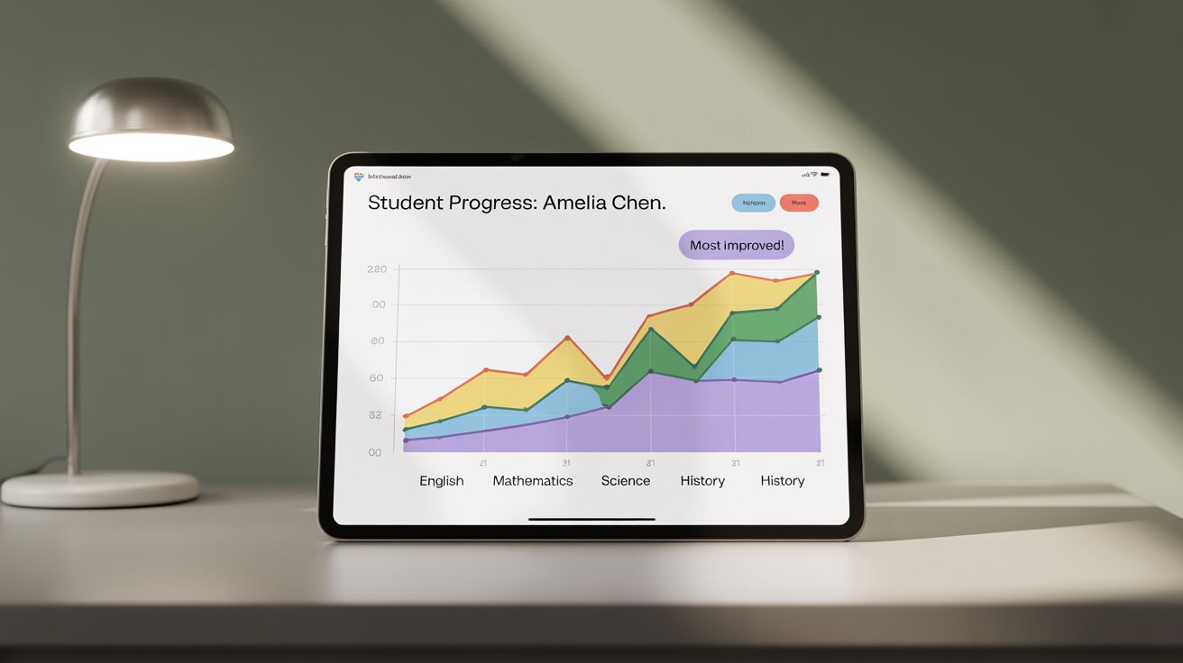 A professionally designed student progress chart on a tablet screen, showing colorful line graphs that track a student's improved performance in school subjects over time.