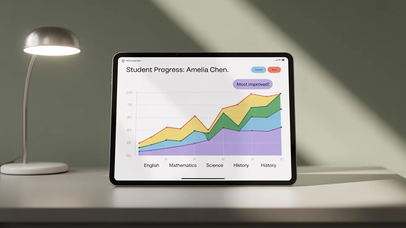 A professionally designed student progress chart on a tablet screen, showing colorful line graphs that track a student's improved performance in school subjects over time.