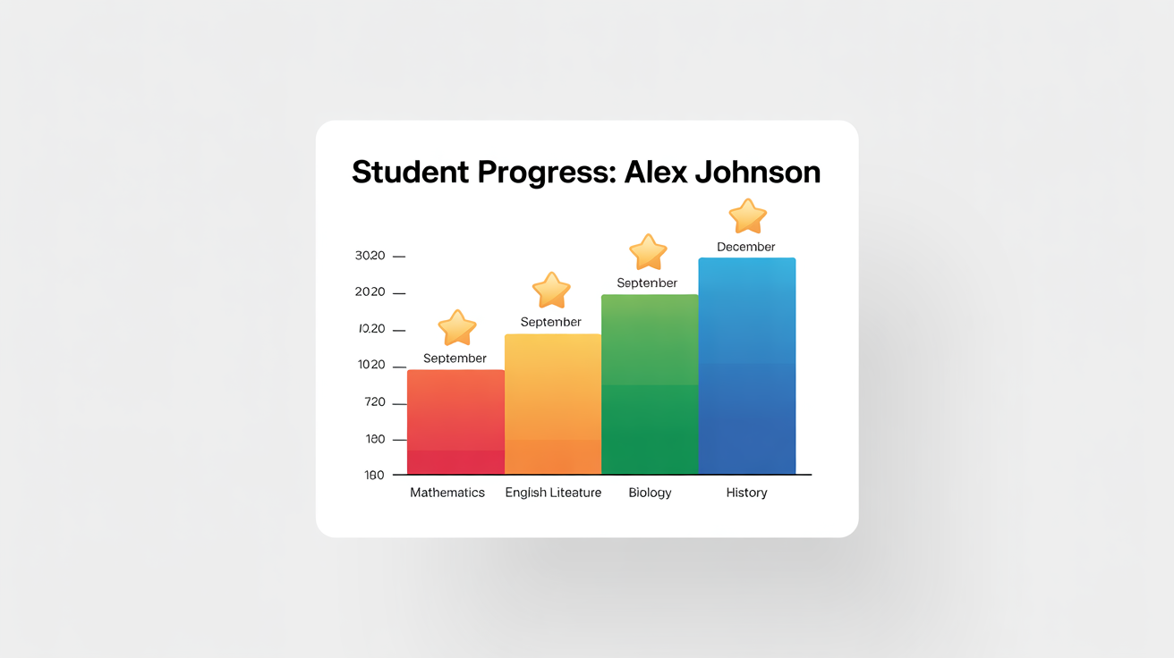 A modern graphic mockup of a student progress chart for 'Alex Johnson', showing a colorful bar graph with upward trends in Mathematics, English, Biology, and History, set against a white background.