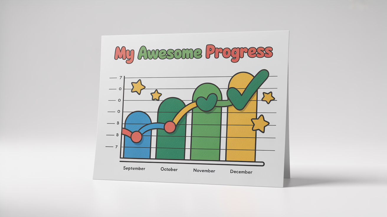 A colorful and modern student progress chart mockup on a white background, showing a positive trend in 'Achievement Score' over four months, with the title 'My Awesome Progress'.