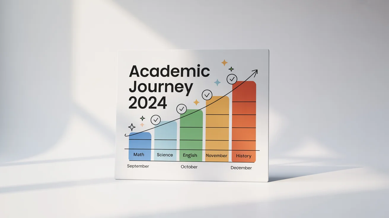 A mockup of a student progress chart on a white background, showing positive academic growth in subjects like Math and Science over several months.