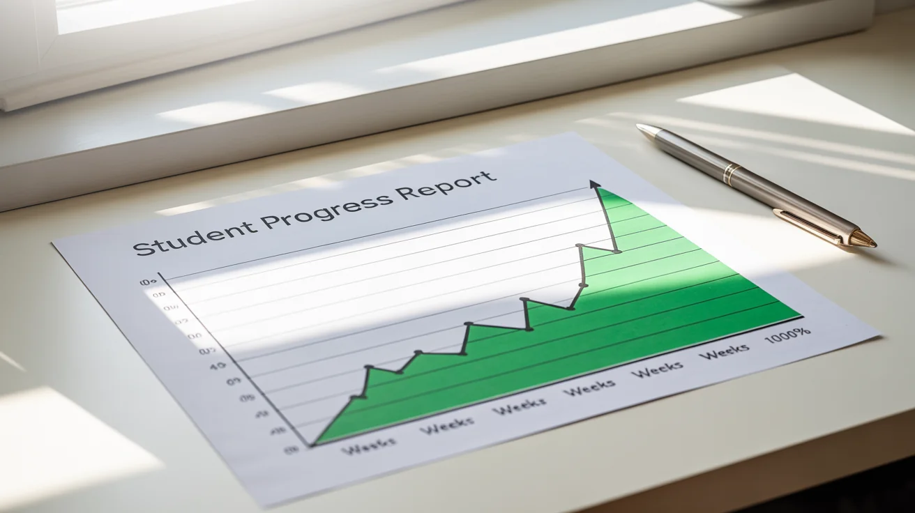 A modern, clean student progress chart showing a green line graph with a positive upward trend over four weeks, on a white background.