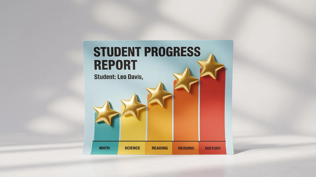 A modern, colorful student progress chart for 'Leo Davis', showing upward trends in subjects like Math and Science, with gold star stickers marking achievements, all on a clean white background.