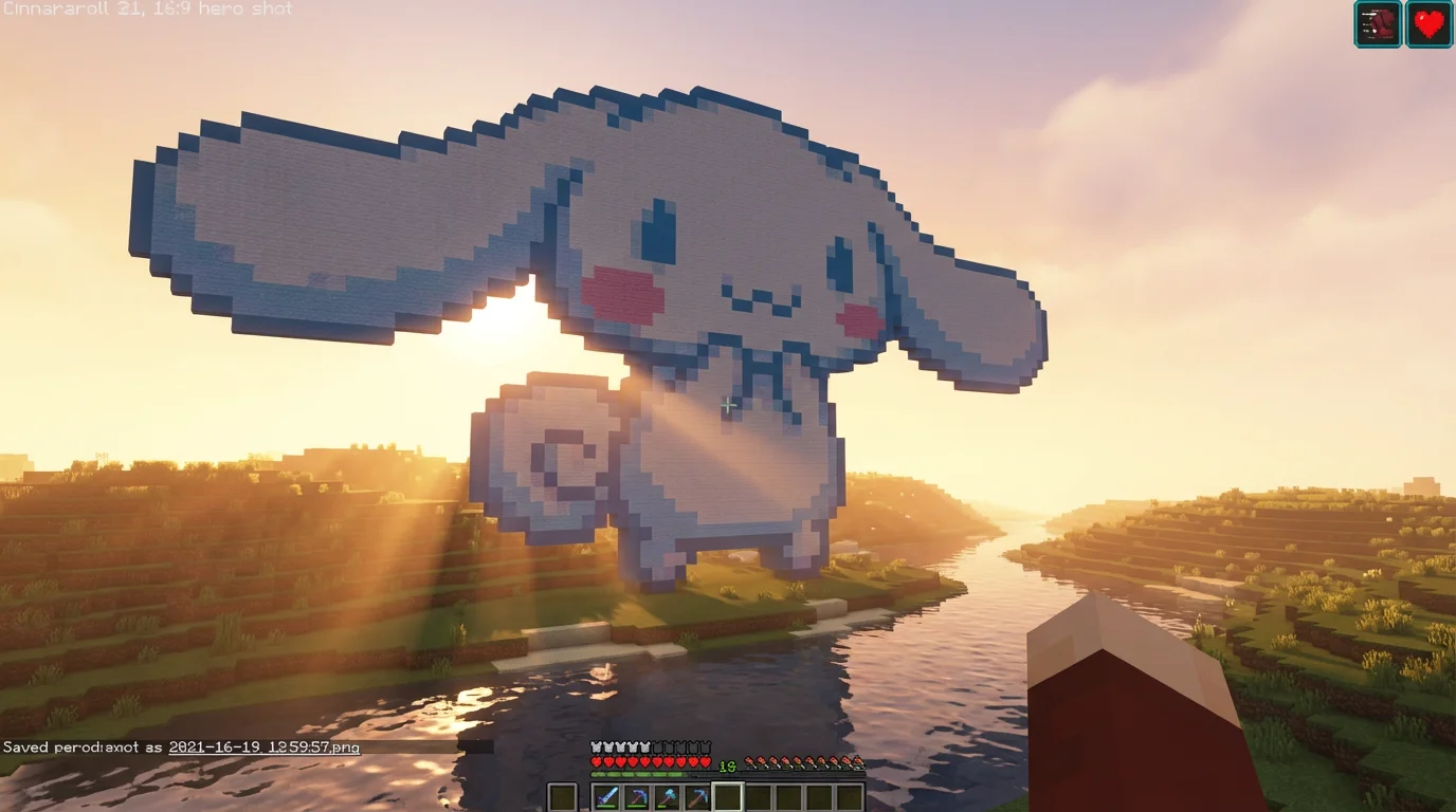 A stunning, large-scale Minecraft pixel art sculpture of Cinnamoroll set against a beautiful sunset in the game, showcasing a polished and professional final result.