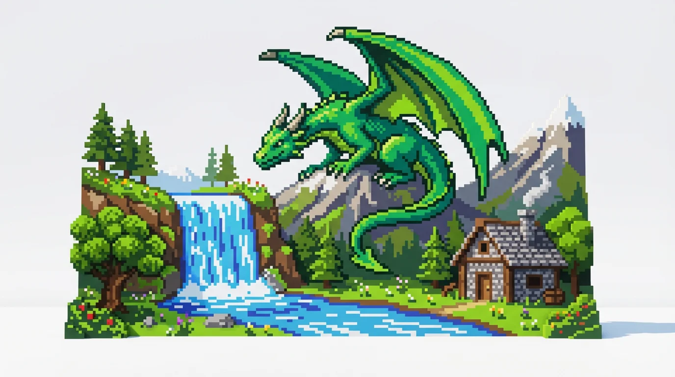A detailed Minecraft pixel art creation showing a green dragon on a mountain with a waterfall, built entirely from colorful blocks and displayed against a white background.