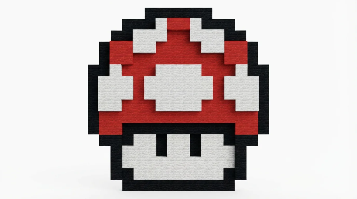 A pixel art mushroom in the style of Minecraft, made from red, white, and black textured blocks, shown against a solid white background.