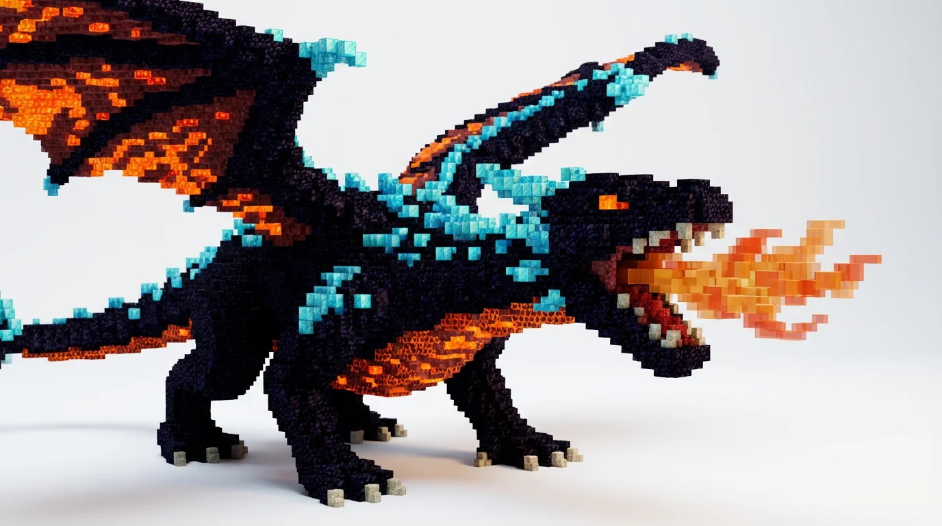 A detailed pixel art mockup of a dragon, created in the blocky style of Minecraft, featuring obsidian and lava blocks, presented against a clean white background.