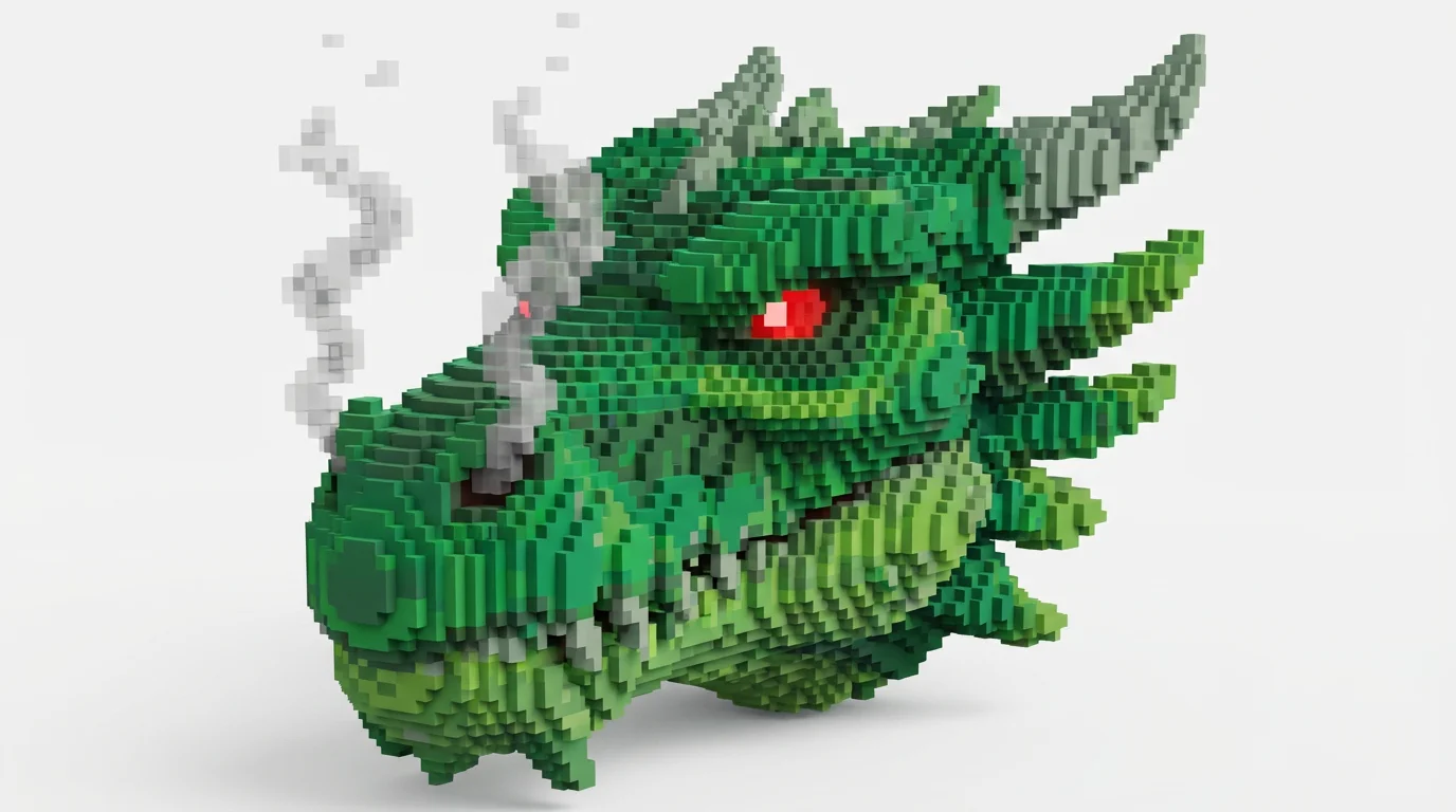 A majestic dragon head made entirely out of colorful blocks in the style of Minecraft pixel art, set against a stark white background.