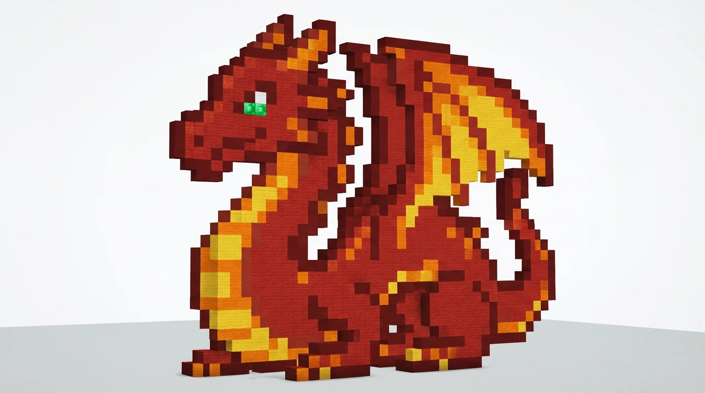 A large and detailed pixel art mural of a red dragon, built with colorful blocks in the style of Minecraft, isolated on a plain white background.