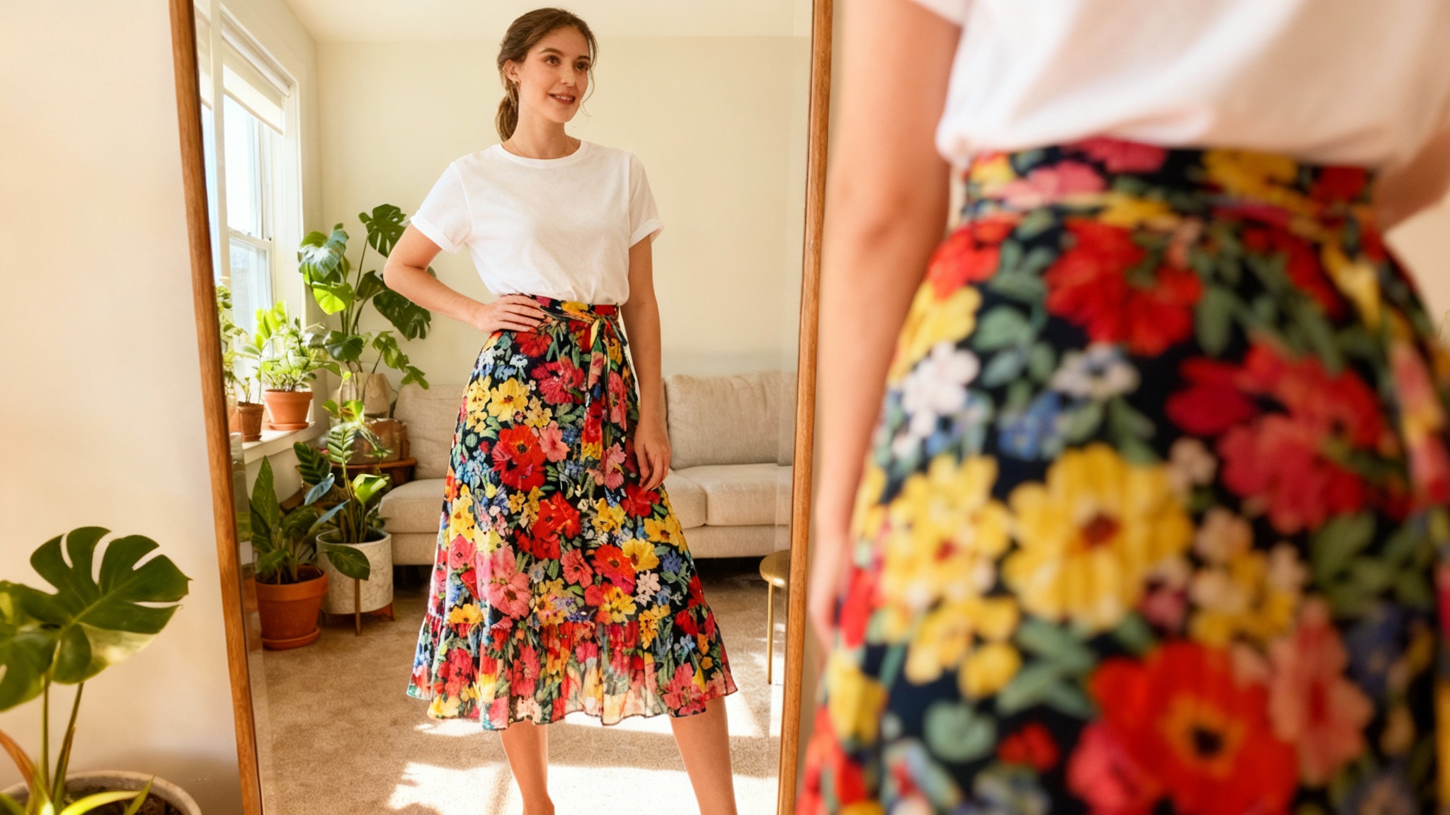 A woman in a brightly lit living room looks at her reflection in a mirror, wearing a vibrant floral skirt and a white top, showcasing a successful dress-to-skirt conversion.