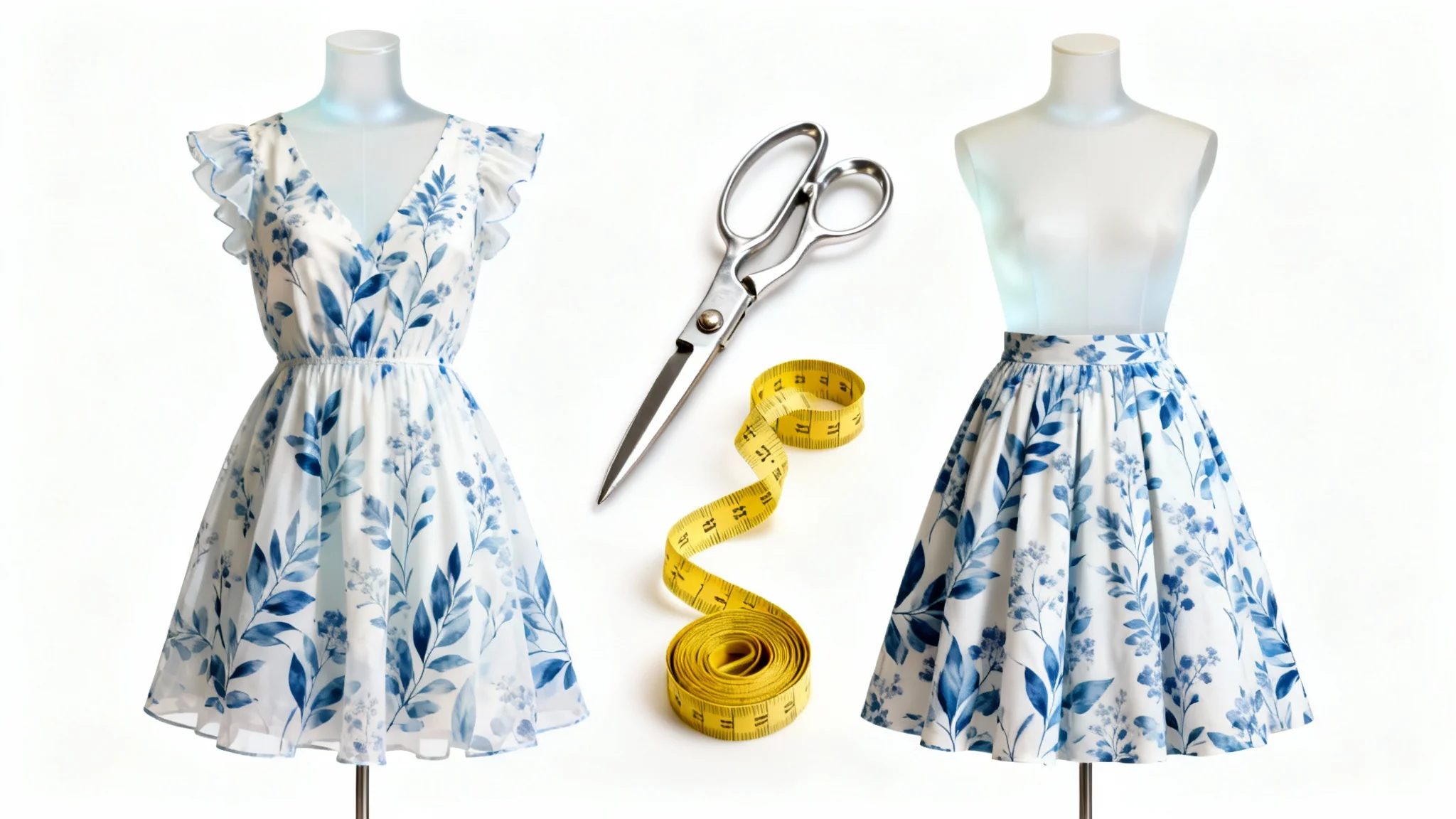 A before-and-after image showing a blue and white botanical print dress on the left, transformed into a skirt of the same fabric on the right, with tailor's scissors in the middle, set against a plain white background.