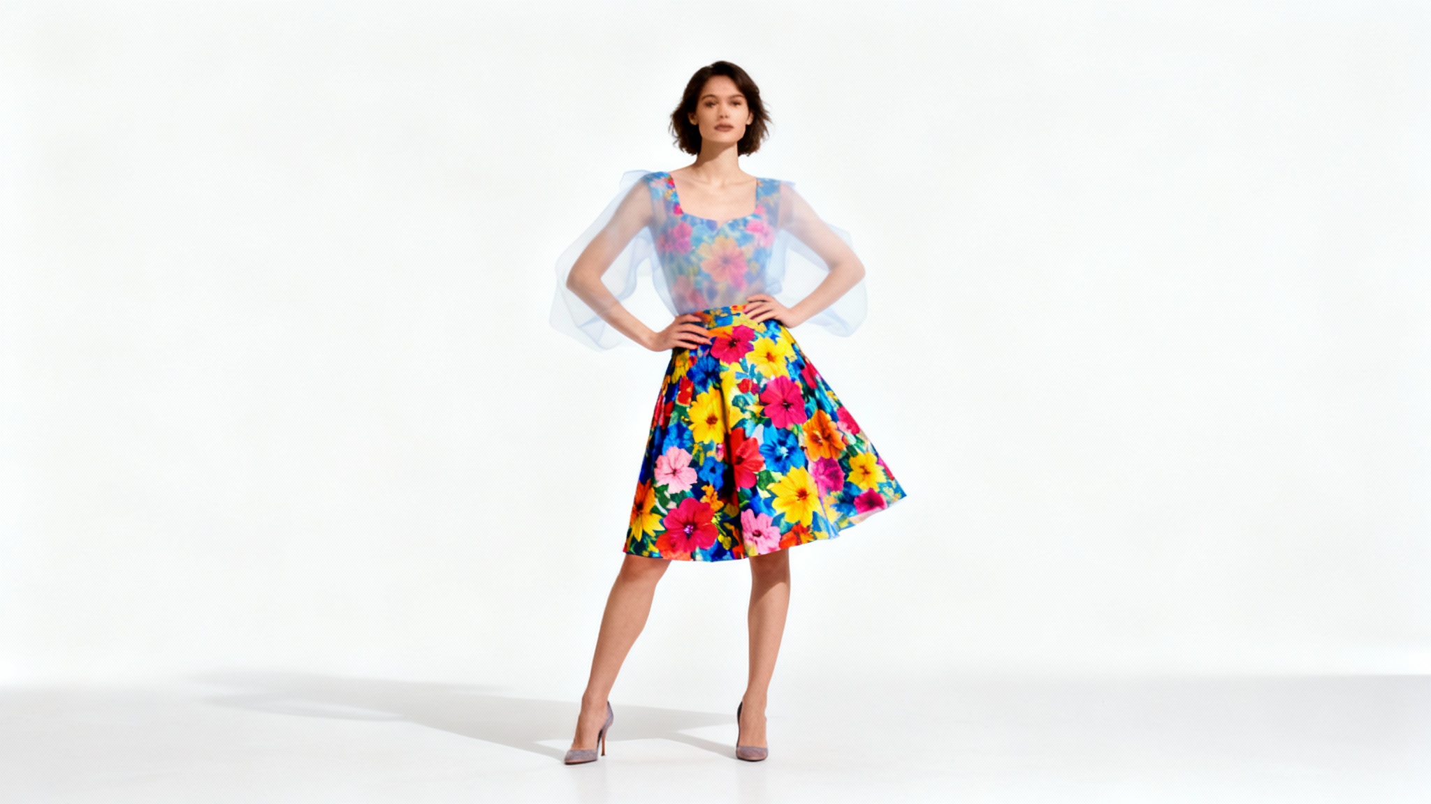 A woman models a vibrant floral skirt, with the ghostly outline of a dress top fading away to illustrate the concept of converting a dress into a skirt.