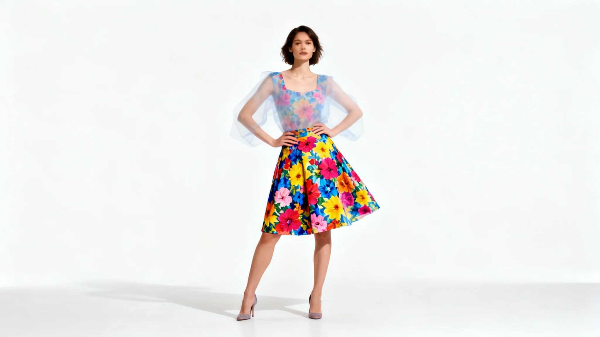 A woman models a vibrant floral skirt, with the ghostly outline of a dress top fading away to illustrate the concept of converting a dress into a skirt.