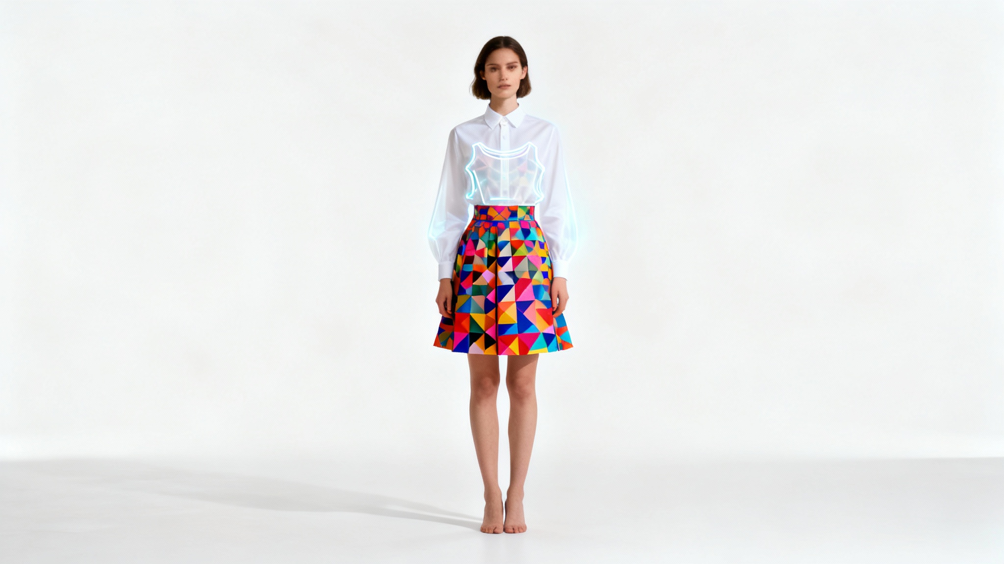 A woman stands against a white background, modeling a skirt made from a colorful geometric fabric, paired with a white blouse. A faint outline of the top of the original dress is shown over her torso, illustrating the conversion of the dress into a skirt.