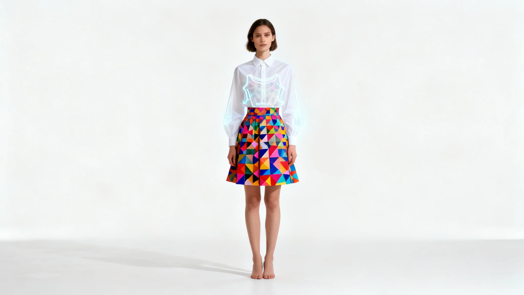 A woman stands against a white background, modeling a skirt made from a colorful geometric fabric, paired with a white blouse. A faint outline of the top of the original dress is shown over her torso, illustrating the conversion of the dress into a skirt.