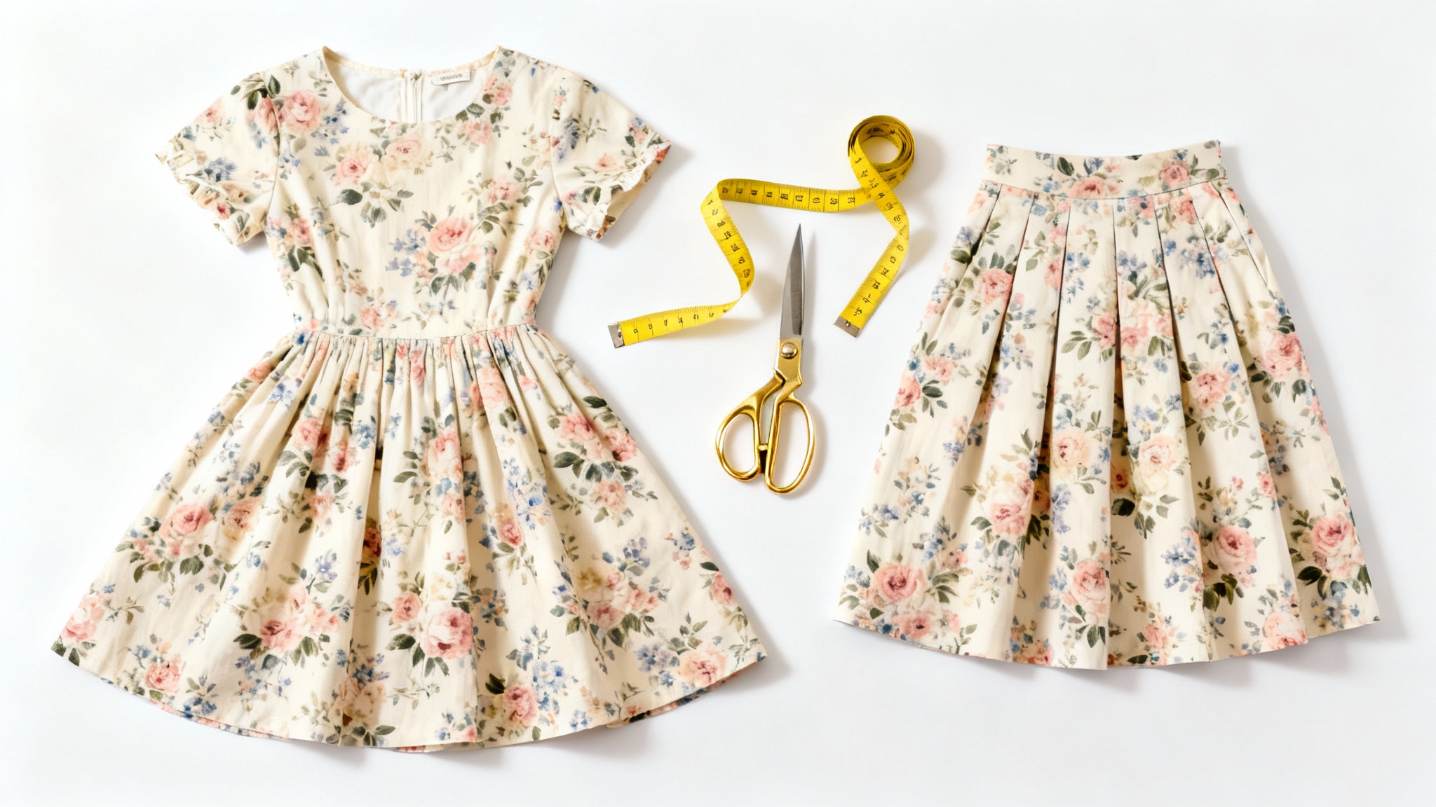 A flat lay image showing a 'before and after' of a floral dress being converted into a skirt, with tailor's scissors and a measuring tape in the middle on a white background.
