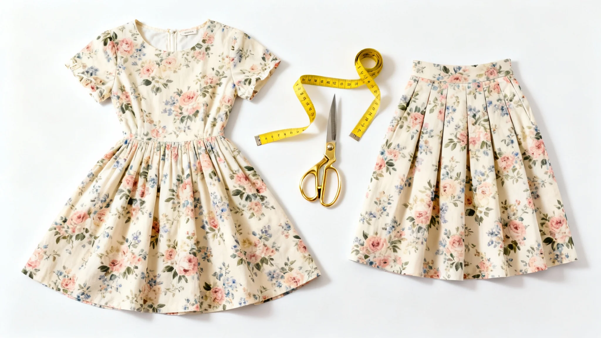 A flat lay image showing a 'before and after' of a floral dress being converted into a skirt, with tailor's scissors and a measuring tape in the middle on a white background.