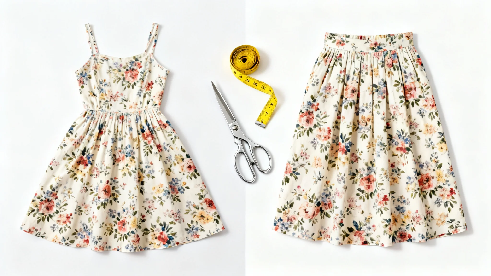 A before-and-after image showing a floral dress on the left and a skirt made from the same dress on the right, with scissors in the middle.