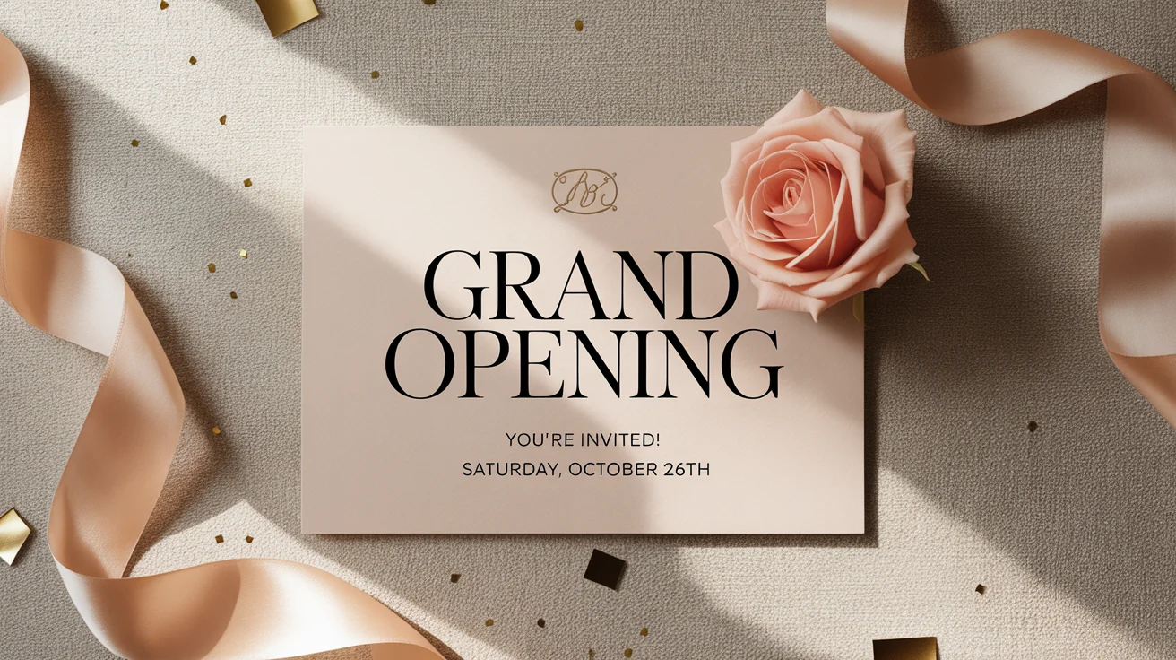 A professionally designed announcement flyer for a grand opening, displayed against a clean background. The flyer uses elegant typography and a blue and gold color scheme.