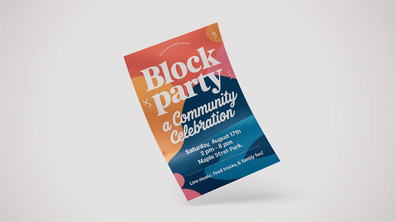A modern announcement flyer for a community block party, featuring bold text and colorful geometric shapes, displayed on a clean white background.