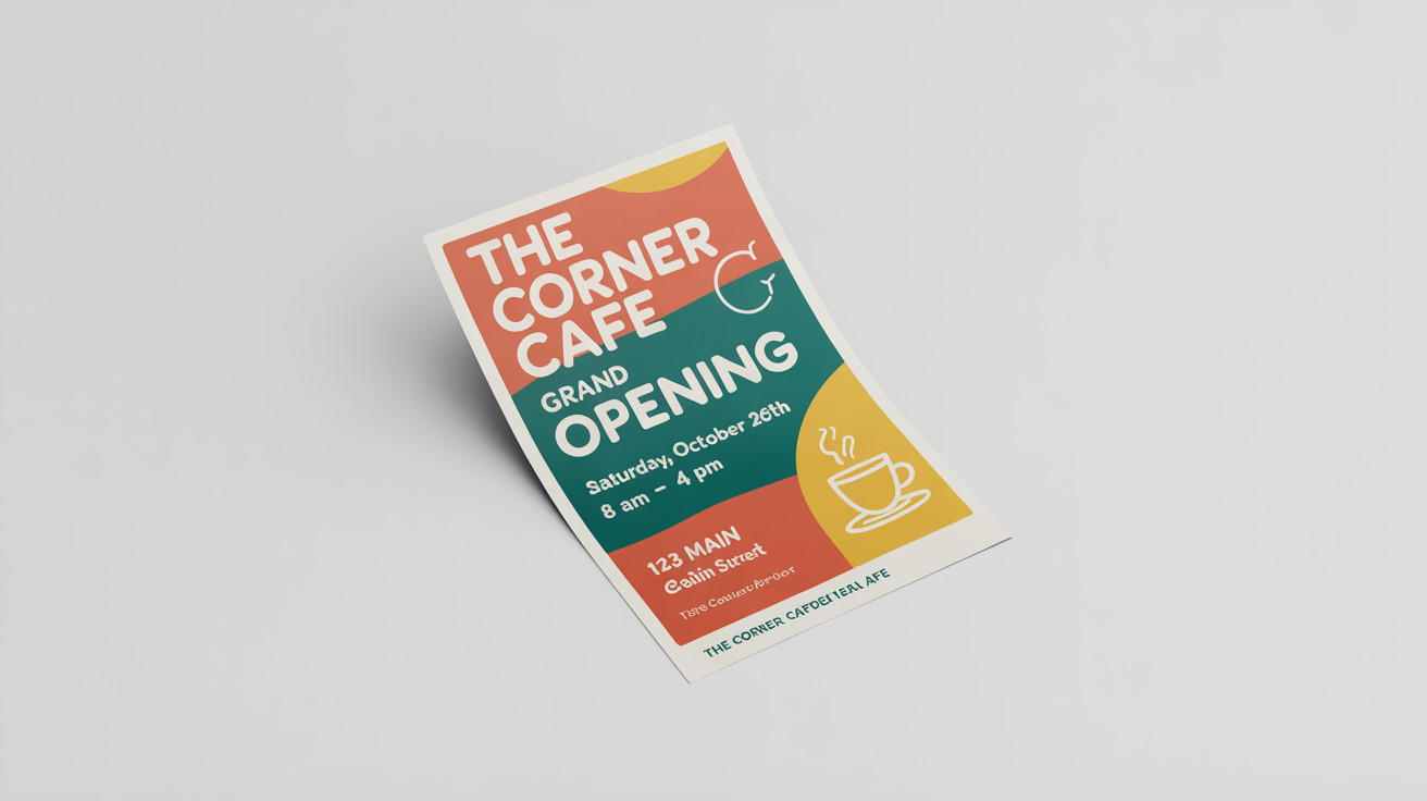 A modern announcement flyer for the grand opening of 'The Corner Cafe', designed with coral, teal, and yellow colors, shown as a mockup on a white background.