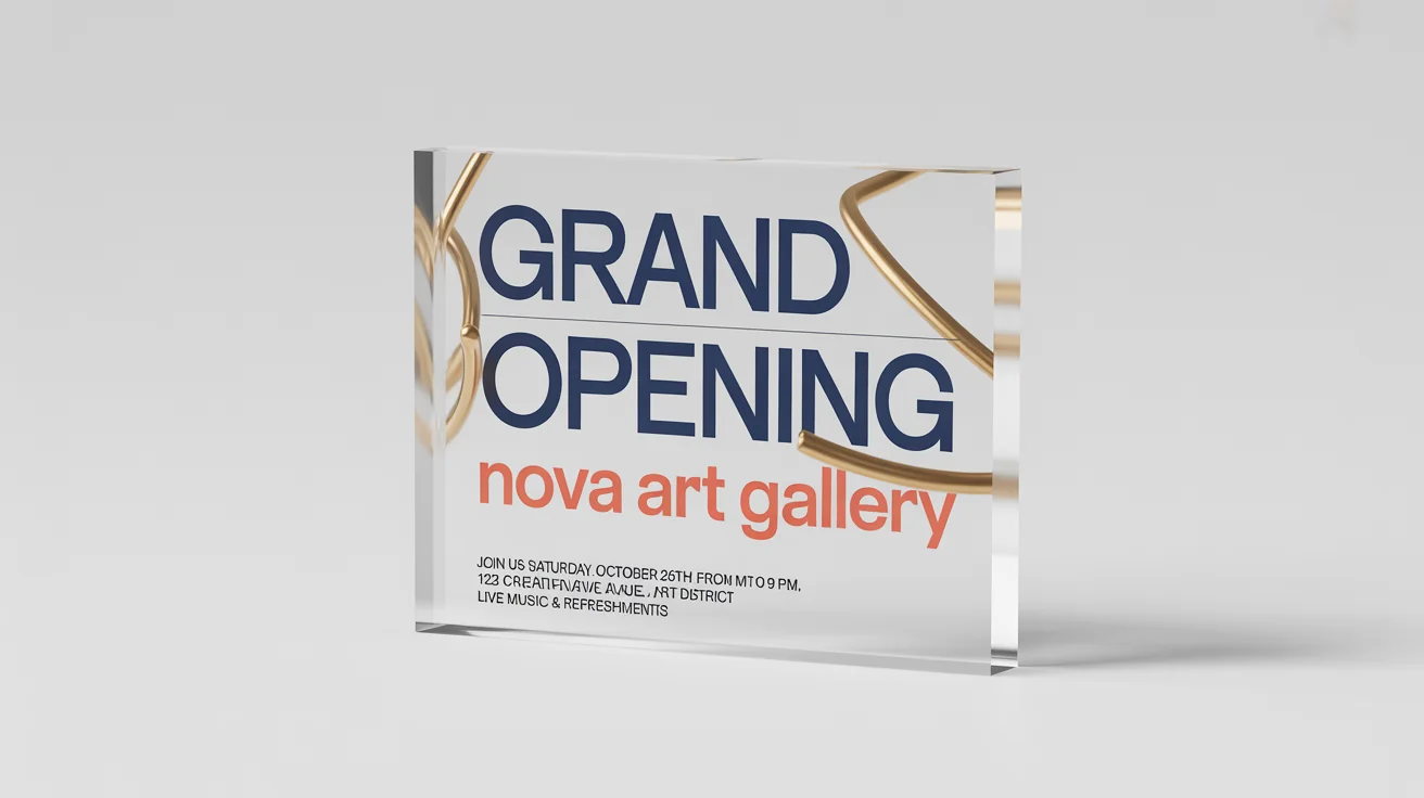 A modern announcement flyer for the 'Grand Opening' of the 'Nova Art Gallery', featuring bold text and abstract geometric shapes on a white background.