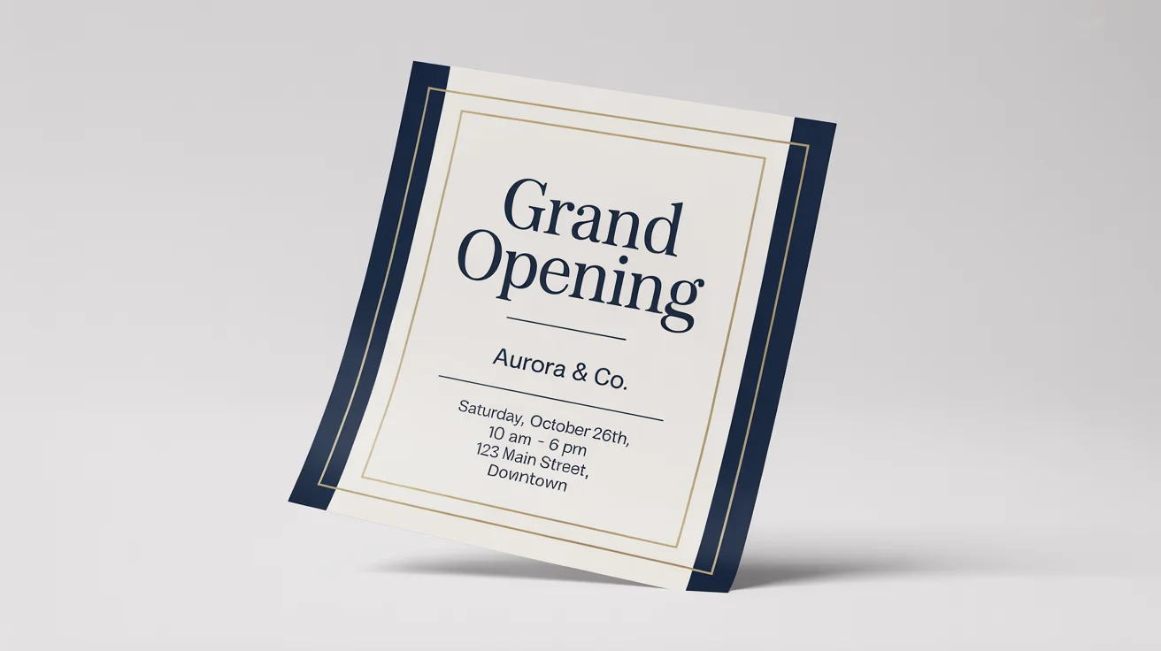 A professionally designed announcement flyer for the grand opening of 'AURORA & CO.', featuring elegant navy blue and gold text on a white background.