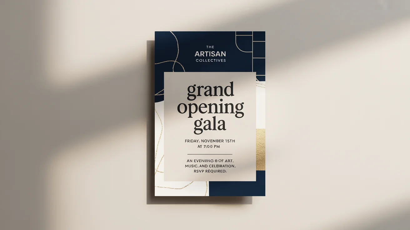 A modern announcement flyer for a 'Grand Opening Gala' for 'The Artisan Collective'. The flyer uses navy blue, cream, and gold colors and is shown lying flat on a clean white background.