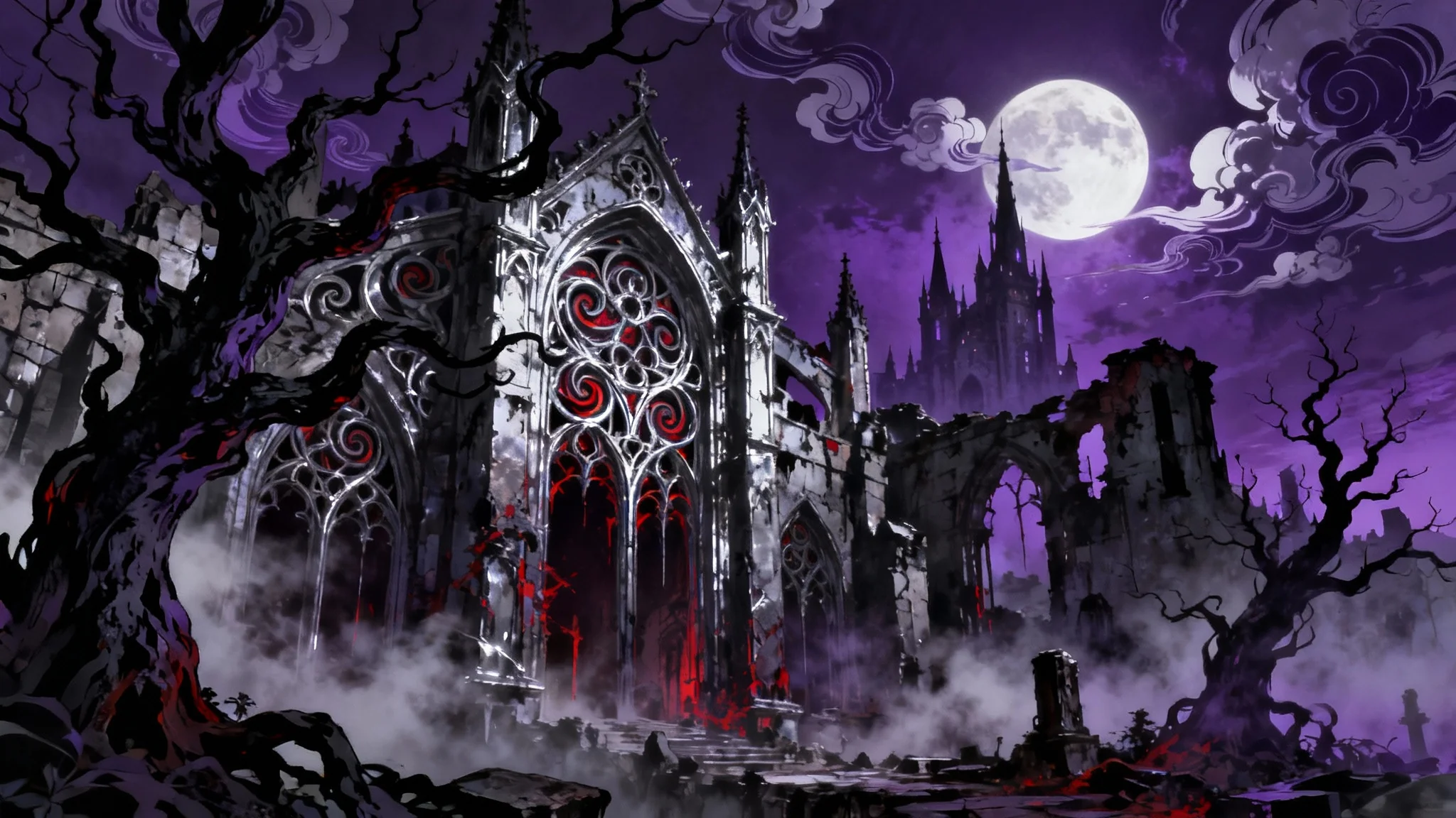 A dark and mysterious gothic anime background in a 16:9 aspect ratio, featuring twisted trees, ethereal mist, and distant castle spires under a full moon, with a color palette of deep purples and blacks.