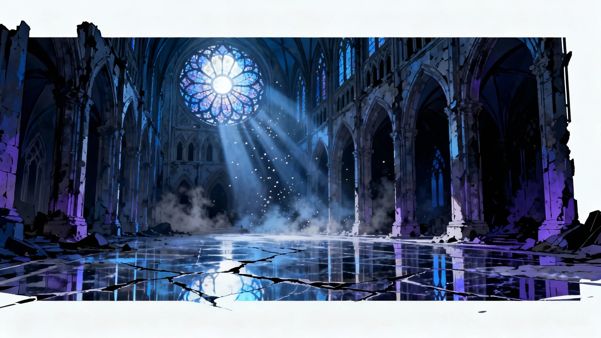 A gothic anime background depicting the interior of a vast, crumbling cathedral at night, with moonlight streaming through a large stained-glass window, creating a moody and atmospheric scene.