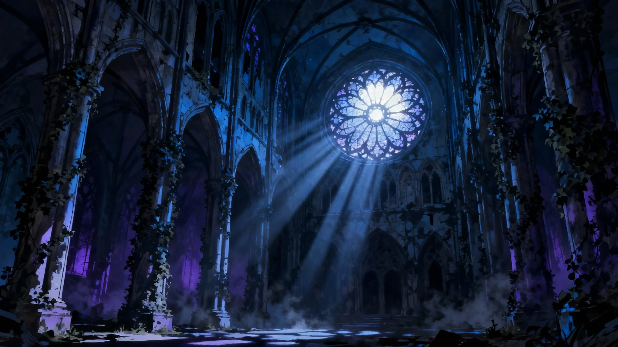 A stunning anime-style background of a vast, dark gothic cathedral interior at night, with dramatic moonlight streaming through a large, circular window.