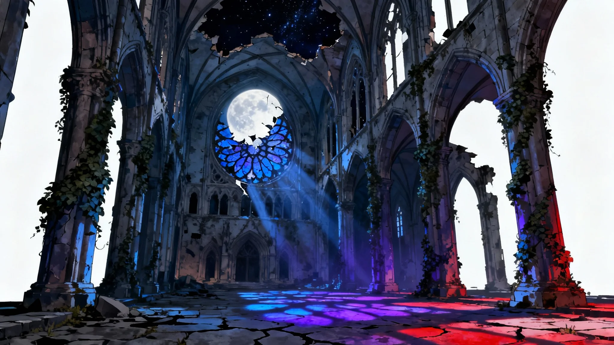 An atmospheric anime-style illustration of a ruined gothic cathedral interior at night, with moonlight streaming through a broken stained-glass window.