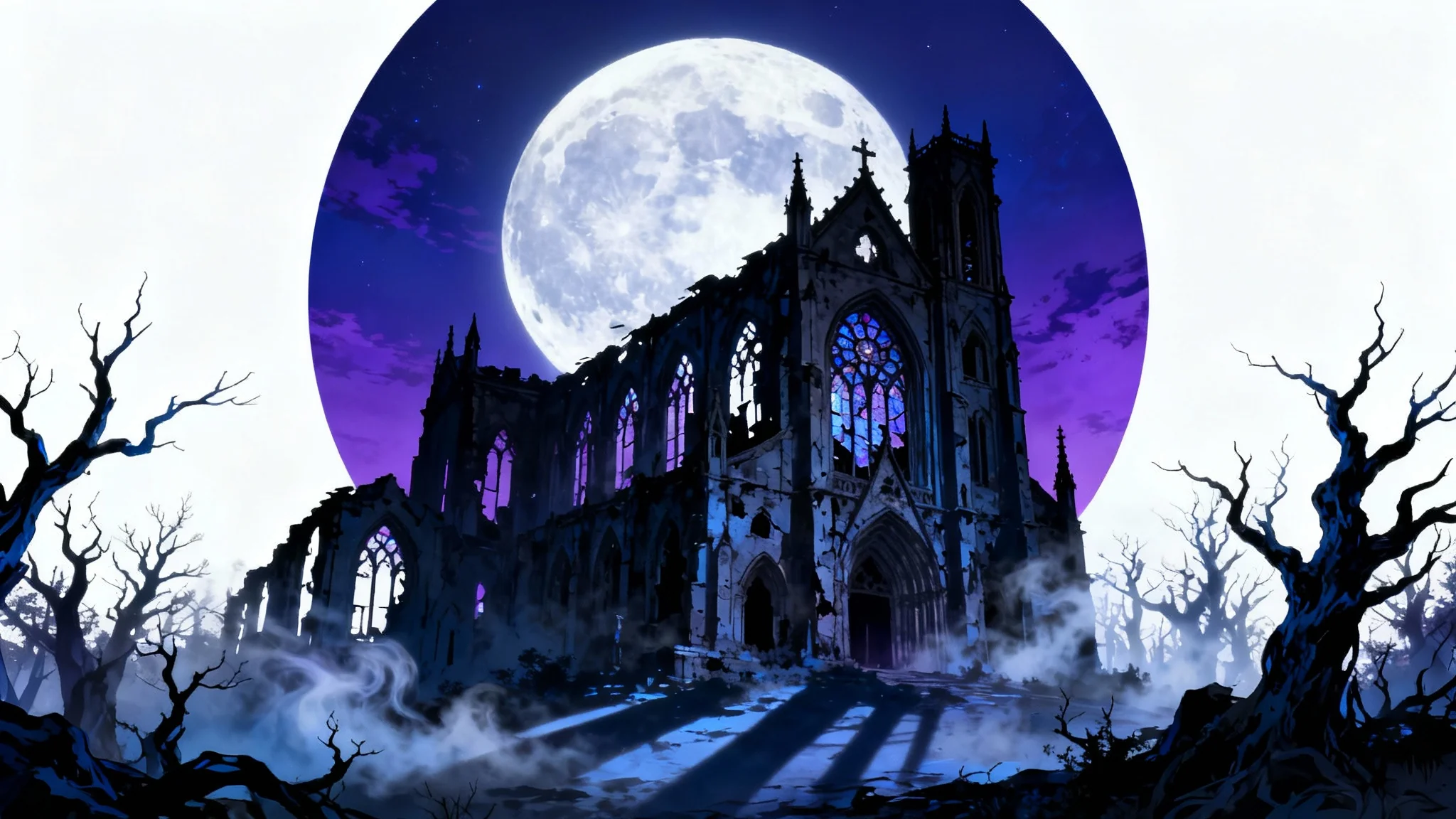 A dramatic gothic anime background featuring a ruined cathedral under a large, bright full moon, conveying a dark and mysterious atmosphere.