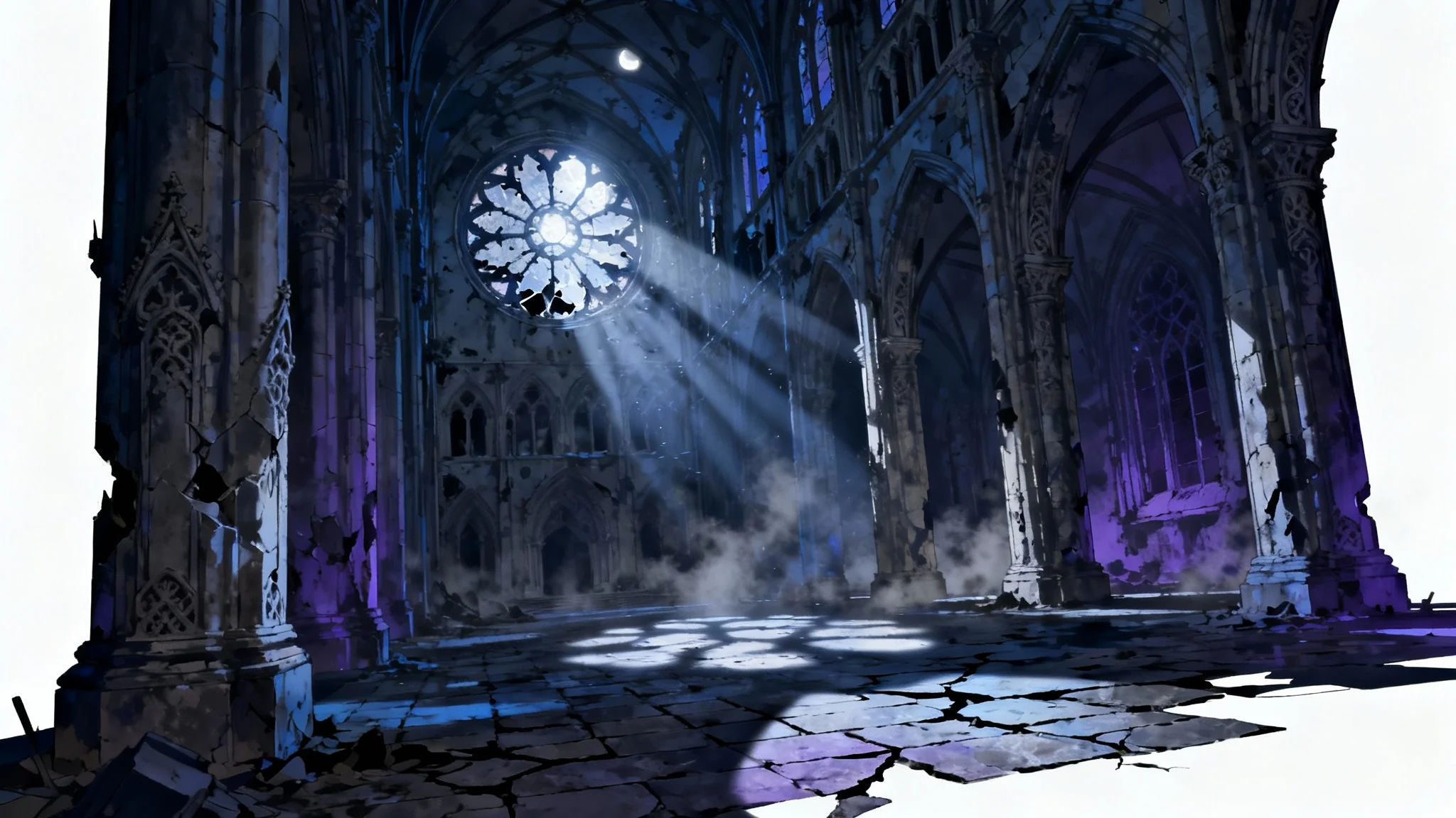 An anime-style background showing the dark interior of a gothic cathedral, with moonlight streaming through a large, broken window.
